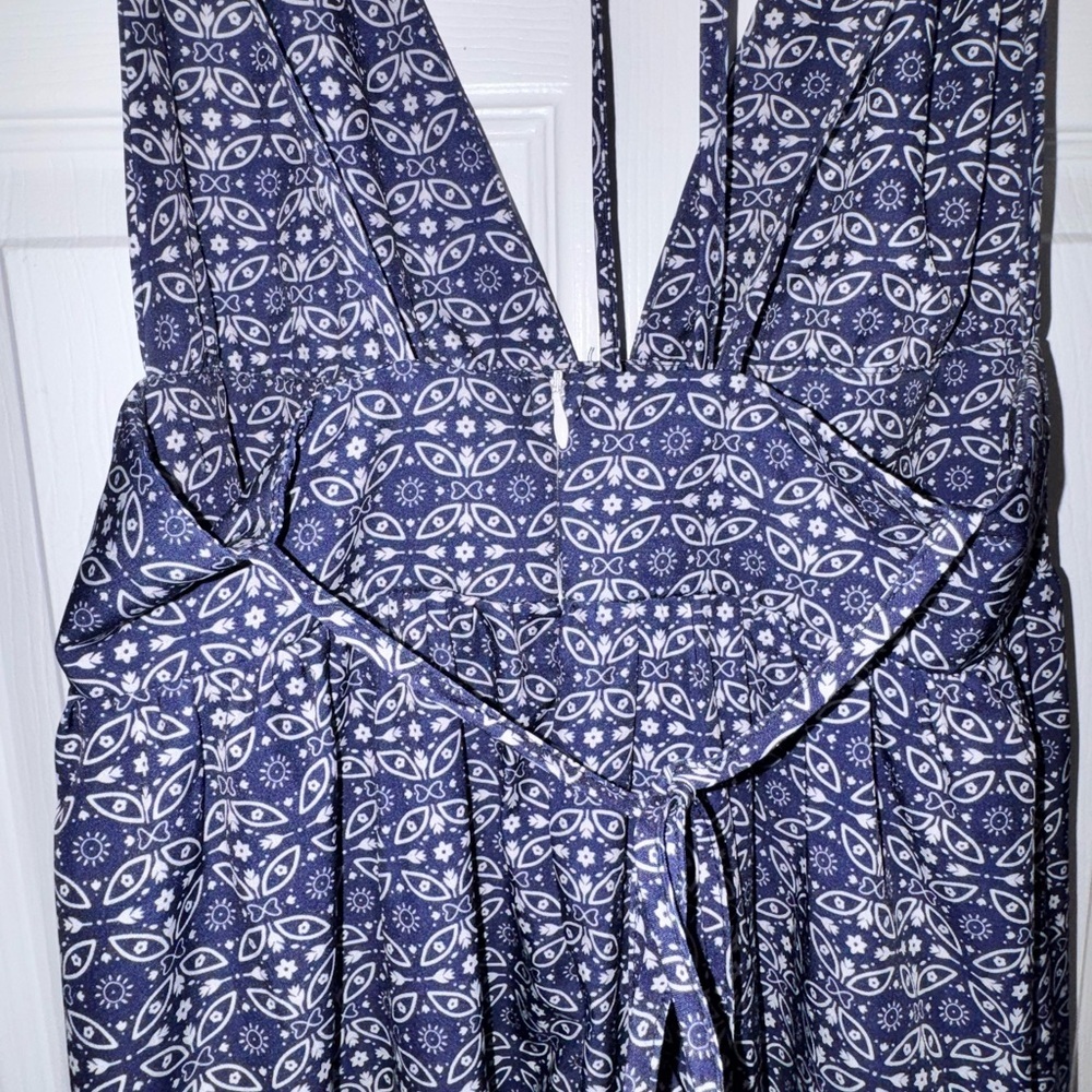 Evil Eye Navy Blue Boho Halter Maxi Dress | Deep V Neck | Tie Back | Size Small - Picture 5 of 6